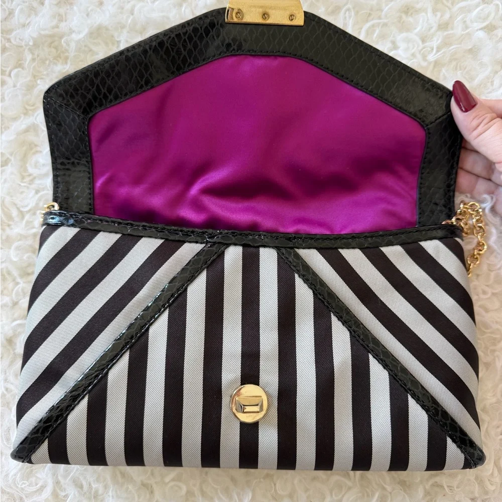 Henri Bendel Black and Gray Striped Large Clutch with Alligator Leather Trim - Picture 2 of 4